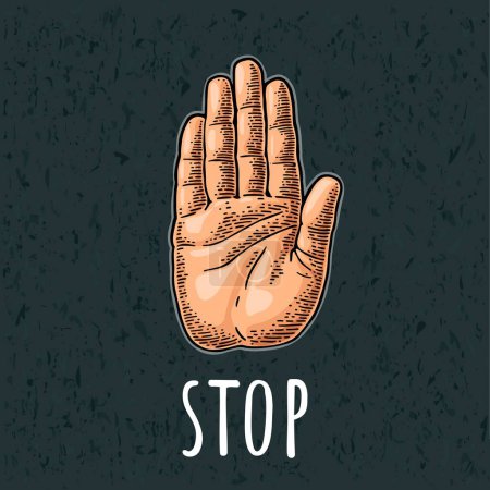 Illustration for Hand showing stop gesture. Front view. Vector color vintage engraving illustration isolated on a dark background. For web, poster, info graphic. - Royalty Free Image