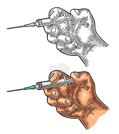 Illustration for Hand makes an injection with a syringe. Engraving vintage vector color and black illustration isolated on white. - Royalty Free Image