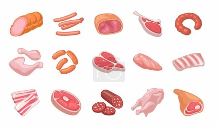 Illustration for Set meat products. Bacon slice, sausage, ribs,  different types steak, haunch, parts fresh raw chicken. Vector color vector illustration. Icon isolated on white for web menu - Royalty Free Image