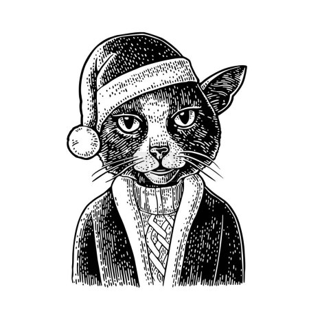 Illustration for Cat in Santa Claus coat, sweater hat. Vector black vintage engraving illustration isolated on white background. For greeting card, poster, web, banner New Year 2024 - Royalty Free Image