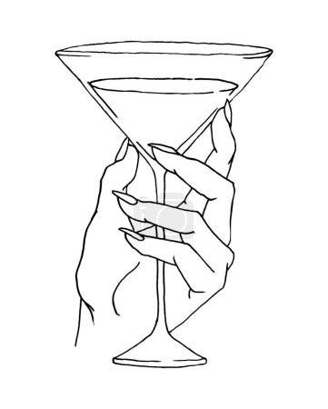 Téléchargez les illustrations : Femme main serre un verre avec un cocktail. Illustration vectorielle vintage pour étiquette, affiche, invitation à une fête. Temps de boire. - en licence libre de droit