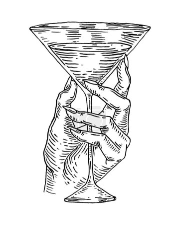 Téléchargez les illustrations : Femme main serre un verre avec un cocktail. Illustration de gravure vectorielle vintage isolée sur fond blanc - en licence libre de droit