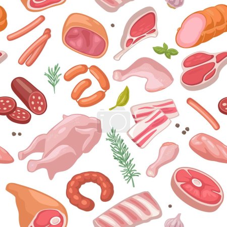 Illustration for Seamless pattern meat products. Bacon slice, sausage, ribs,  different types steak, haunch, parts fresh raw chicken.Vector color vector illustration. Icon isolated on white - Royalty Free Image