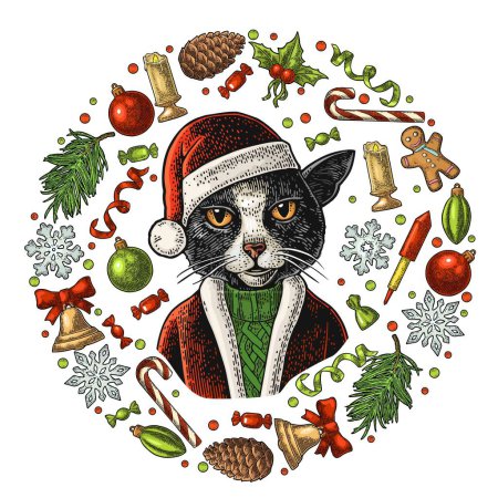 Ilustración de Conjunto de forma de círculo para Feliz Navidad Año Nuevo. Gato con abrigo de Santa Claus, sombrero. Pan de jengibre, dulces, muérdago, campana, serpentina, cohete, copo de nieve, cono de pino, juguete. Vector grabado de color vintage - Imagen libre de derechos