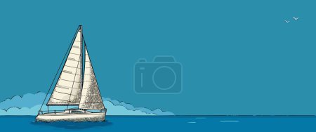 Illustration for A sailing ship on the blue sea. Vector vintage color engraving illustration. Hand drawn graphic style. For yacht club poster. - Royalty Free Image