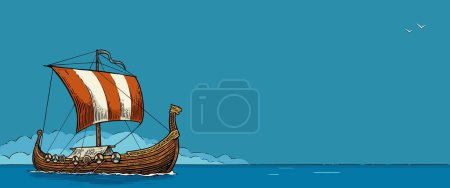 Illustration for Drakkar floating on the sea waves. Hand drawn design element sailing ship. Vintage color vector engraving illustration for poster, label. - Royalty Free Image