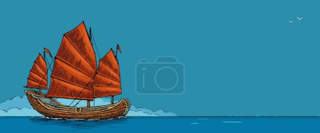 Illustration for Junk floating on the sea waves. Hand drawn design element sailing ship. Vintage vector color engraving illustration for poster, label, postmark. - Royalty Free Image
