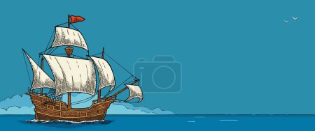 Illustration for Sailing ship floating on the sea waves. Caravel Santa Maria. Hand drawn design element. Vintage color vector engraving illustration for poster Day Columbus - Royalty Free Image
