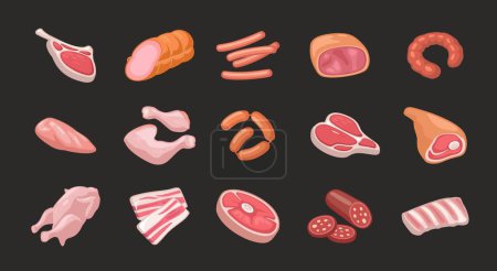 Téléchargez les illustrations : Définir les produits de viande. Tranches de bacon, saucisses, côtes levées, steak de différents types, jambon, morceaux de poulet cru frais. Illustration vectorielle couleur vectorielle. Icône isolée sur noir pour menu web - en licence libre de droit