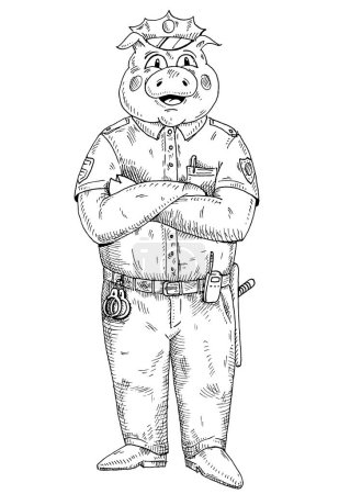 Illustration for Pig with paws crossed dressed in police uniform. Vintage vector monochrome hatching illustration isolated on white background. Hand drawn design element for t-shirt - Royalty Free Image