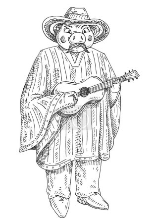 Téléchargez les illustrations : Cochon habillé dans le poncho, sombrero jouant de la guitare. Illustration vectorielle vintage à hachures noires isolée sur fond blanc. Elément de design dessiné à la main pour menu mexicain - en licence libre de droit