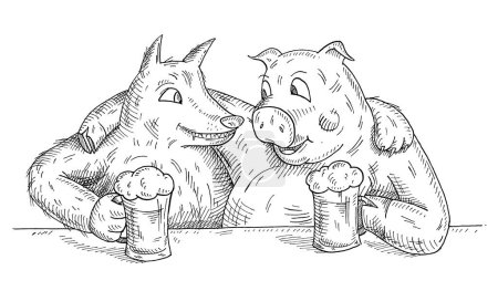 Ilustración de Lobo y cerdo se sientan abrazados con vasos de cerveza. Ilustración de eclosión negra vectorial vintage aislada sobre fondo blanco. Elemento de diseño dibujado a mano para camiseta - Imagen libre de derechos