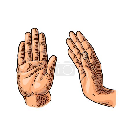 Illustration for Hand showing stop gesture. Front view. Vector color and monochrome vintage engraving illustration isolated on a dark background. For web, poster, info graphic. - Royalty Free Image
