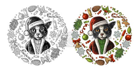 Ilustración de Conjunto de forma de círculo para Feliz Navidad Año Nuevo. Gato con abrigo de Santa Claus, sombrero. Pan de jengibre, dulces, muérdago, campana, serpentina, cohete, copo de nieve, cono de pino, juguete. Vector grabado de color vintage - Imagen libre de derechos
