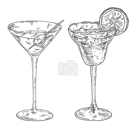 Téléchargez les illustrations : Cocktail Margarita au sel et citron vert. Martini boisson avec olive. Gravure vectorielle noir vintage illustration isolée sur fond blanc. Conception dessinée à la main - en licence libre de droit
