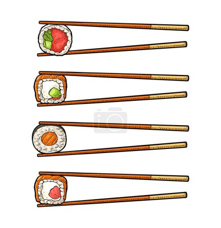Illustration for Chopsticks with sushi roll. Vintage color vector engraving isolated on white background - Royalty Free Image