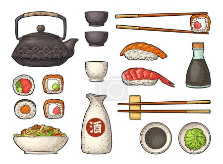 Illustration for Set Sushi. Chopsticks, wasabi, nigiri, rolls, board, soy sauce, cup, bottle, bowl, teapot. Vintage black vector engraving isolated on white background - Royalty Free Image