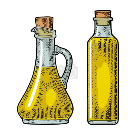 Téléchargez les illustrations : Bouteille d'huile d'olive en verre avec bouchon en liège. Illustration vectorielle de gravure vintage couleur. Isolé sur fond blanc - en licence libre de droit