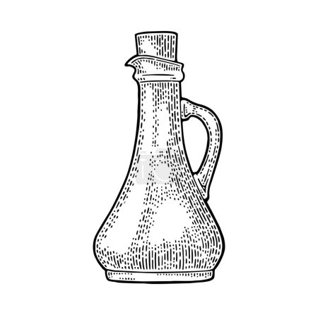 Illustration for Empty bottle glass for sauce or oil with cork stopper. Vector black vintage engraving illustration. Isolated on white background - Royalty Free Image