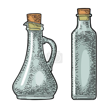 Illustration for Empty bottle glass for sauce or oil with cork stopper. Vector color vintage engraving illustration. Isolated on white background - Royalty Free Image