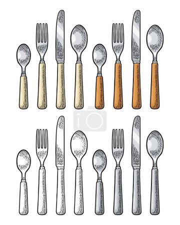 Illustration for Cutlery set with knife, two spoons and fork. Vector color vintage engraving illustration for menu, poster, label. Isolated on white background - Royalty Free Image