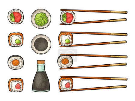 Téléchargez les illustrations : Baguettes avec rouleau de sushi et wasabi, sauce soja. Gravure vectorielle couleur vintage isolée sur fond blanc - en licence libre de droit