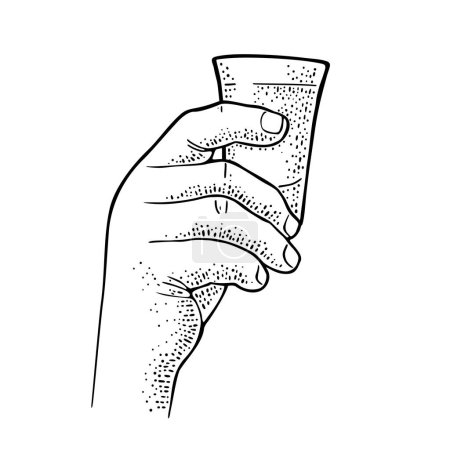 Ilustración de Mano masculina sosteniendo tequila de vidrio. Vintage grabado vectorial monocromo ilustración para etiqueta, cartel, invitación a la fiesta. Aislado sobre fondo blanco - Imagen libre de derechos