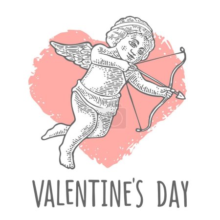 Téléchargez les illustrations : Coeurs et amour avec arc et flèche. Lettrage Saint-Valentin. Illustration vectorielle de gravure vintage isolée - en licence libre de droit