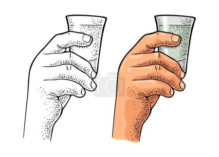 Illustration for Male hand holding glass tequila. Vintage color and monochrome vector engraving illustration for label, poster, invitation to party. Isolated on white background - Royalty Free Image