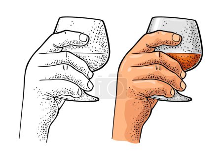 Illustration for Male hand holding glass brandy. Vintage color vector engraving illustration for label, poster, invitation to party. Isolated on white background - Royalty Free Image