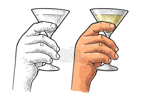 Illustration for Male hand holding glass with cocktail. Vintage vector color engraving illustration for label, poster, invitation to a party. Isolated on white background - Royalty Free Image