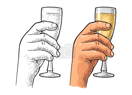 Illustration for Male hand holding glass champagne. Vintage color vector engraving illustration for web, poster, invitation to party. Hand drawn design element isolated on white background. - Royalty Free Image