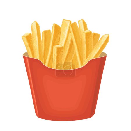 Illustration for French fry stick potato in paper box. Vector color realistic illustration. Hand drawn isolated design element for menu, poster, web icon - Royalty Free Image