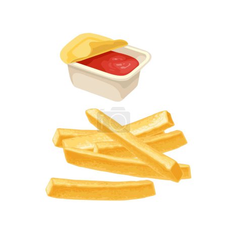 Illustration for French fry stick potato. Plastic open box with ketchup. Vector color realistic illustration. Hand drawn isolated design element for menu, poster, web icon - Royalty Free Image
