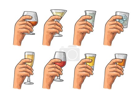 Illustration for Male hand holding a glass with tequila, vodka, rum, cognac, gin, cocktail. Vintage vector color engraving illustration for poster, invitation to party. Isolated on white background - Royalty Free Image