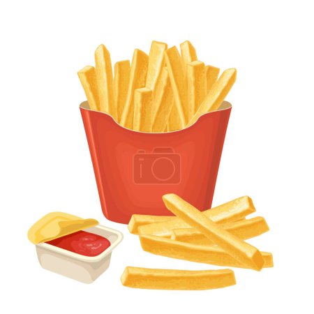 Téléchargez les illustrations : Pomme de terre bâtonnet frite dans une boîte en papier rouge. Conteneur ouvert en plastique avec ketchup. Illustration vectorielle couleur réaliste. Elément de design isolé dessiné à la main pour menu, affiche, icône web - en licence libre de droit