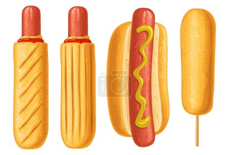 Téléchargez les illustrations : Corndog et hot-dog au ketchup, moutarde. Vue latérale. Illustration vectorielle couleur réaliste pour affiche, menus, brochure, web. Icône isolée sur fond blanc. - en licence libre de droit