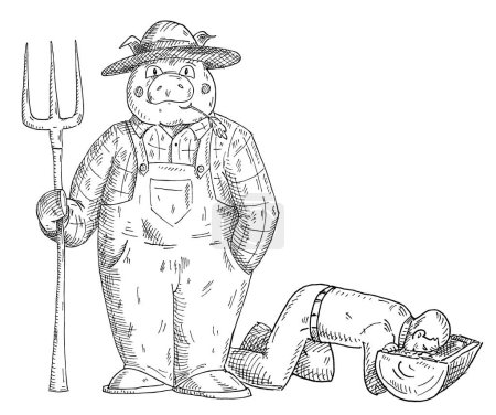 Illustration for Pig dressed in the overall holding syringe. Man eating in a trough. Vintage vector monochrome hatching illustration isolated on white background. Hand drawn design element for t-shirt - Royalty Free Image