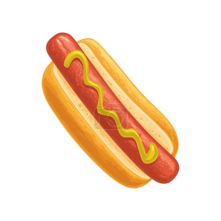 Téléchargez les illustrations : Hotdog à la moutarde. Vue de dessus. Illustration vectorielle couleur réaliste pour affiche, menus, brochure, web. Icône isolée sur fond blanc. - en licence libre de droit