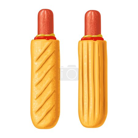 Téléchargez les illustrations : Hotdog français au ketchup et moutarde. Illustration vectorielle couleur réaliste pour affiche, menus, brochure, web. Icône isolée sur fond blanc. - en licence libre de droit