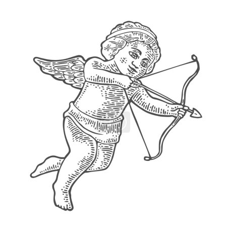 Téléchargez les illustrations : Ange amour avec arc et flèche. Vecteur noir vintage gravure illustration isolé - en licence libre de droit