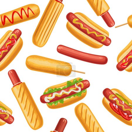 Illustration for Seamless pattern different types hotdog and corndog with with tomato, ketchup, mayo, leave lettuce, cucumber, mustard, onion. Vector flat color illustration isolated on white background - Royalty Free Image