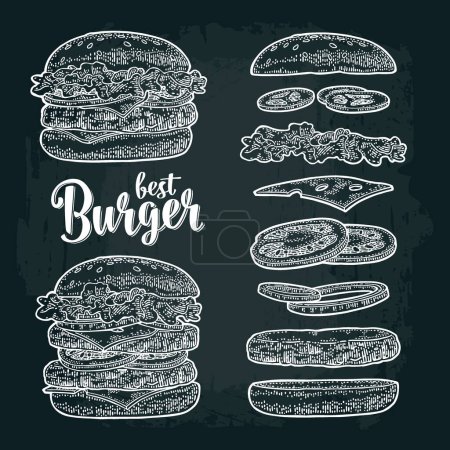 Illustration for Double and classic burger with flying ingredients include bun, tomato, salad, cheese, onion, cucumber. Best burger lettering. Vector color vintage engraving illustration isolated on dark - Royalty Free Image