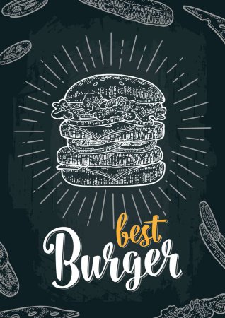 Illustration for Double cheeseburger include cutlet, tomato, cheese, cucumber and salad with rays. Vector white vintage engraving illustration on dark chalkboard. Best burger lettering - Royalty Free Image