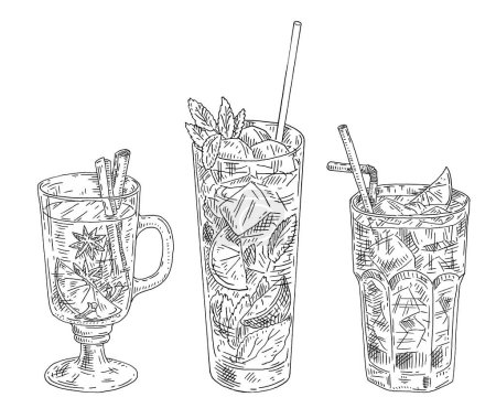 Illustration for Mojito cocktail with lime and mint in highball glass. Cuba libre drink. Mulled wine. Vintage vector engrave monochrome black illustration. Isolated on white background. Hand drawn hatching - Royalty Free Image