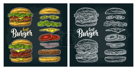 Illustration for Double and classic burger with flying ingredients include bun, tomato, salad, cheese, onion, cucumber. Best burger lettering. Vector color vintage engraving illustration isolated on dark - Royalty Free Image