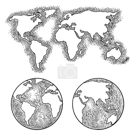 Ilustración de Tierra planeta globo y mapa. Ilustración de grabado vintage negro vectorial aislado sobre fondo blanco. Para web, póster, infografía. - Imagen libre de derechos