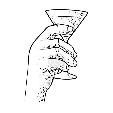 Téléchargez les illustrations : Main masculine tenant un verre avec un cocktail. Vintage vecteur noir gravure illustration pour étiquette, affiche, invitation à une fête. Isolé sur fond blanc - en licence libre de droit