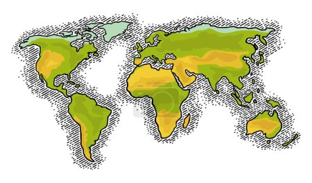 Ilustración de Mapa del planeta tierra con Asia, África, América, Europa, Australia. Ilustración de grabado vintage de color vectorial aislada sobre un fondo blanco. Para web, póster, infografía. - Imagen libre de derechos