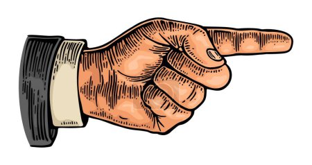 Ilustración de Apuntando con el dedo. Mano masculina en traje de manga. Grabado vintage de color vectorial e ilustración plana aislada sobre un fondo blanco. Firma para web, póster, infografía - Imagen libre de derechos
